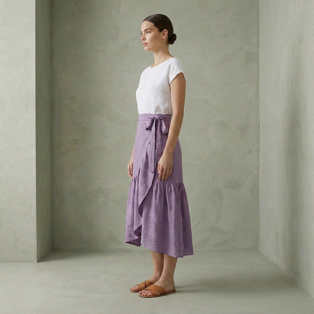 Lavender Cotton Linen Ruffle Midi Wrap Skirt