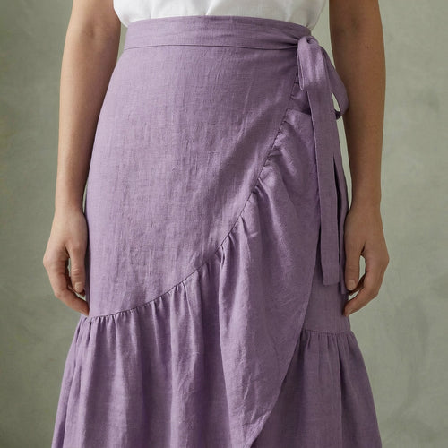 Lavender Cotton Linen Ruffle Midi Wrap Skirt