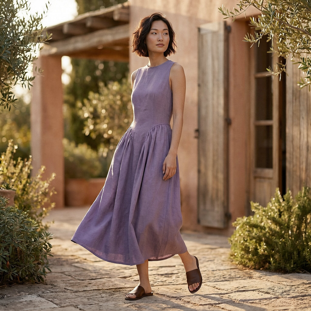 Lavender Cotton Linen Sleeveless Paneled Maxi Dress