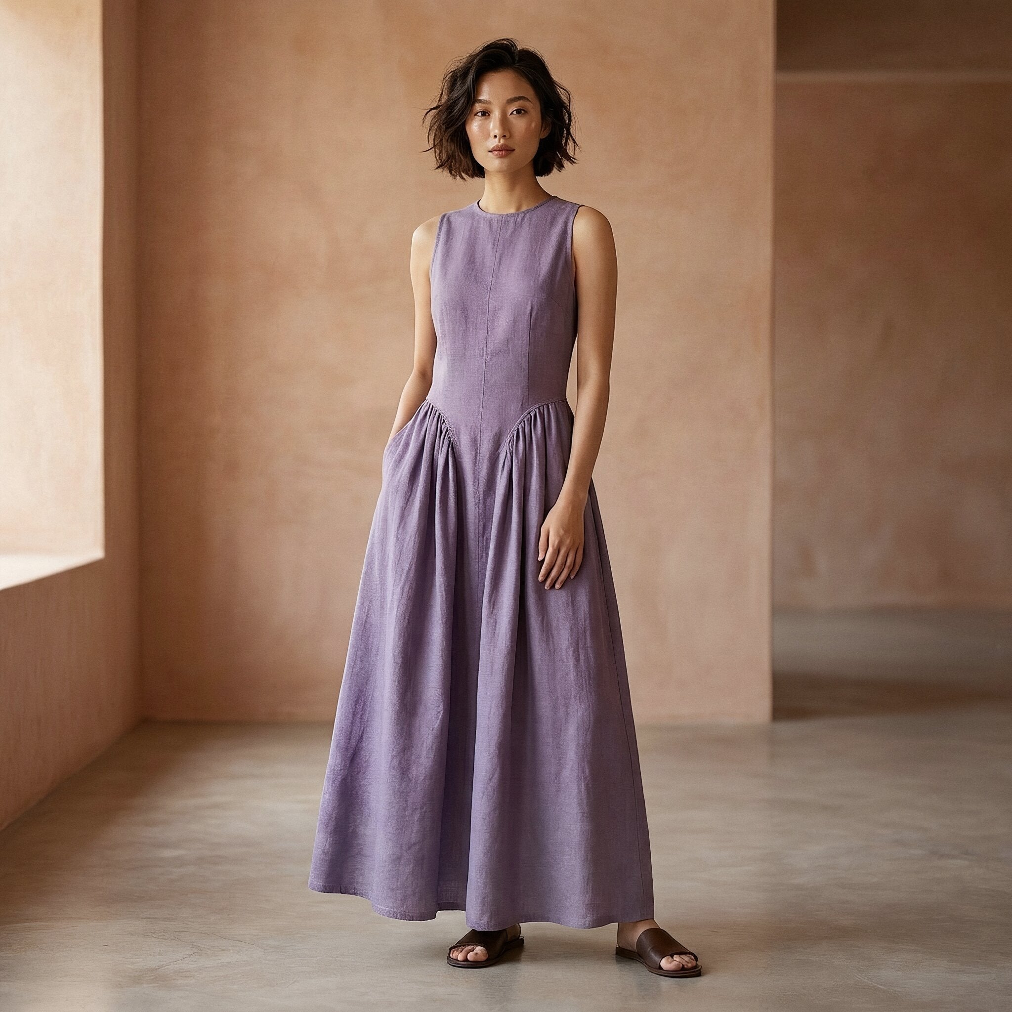 Lavender Cotton Linen Sleeveless Paneled Maxi Dress