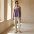 Lavender Cotton-Linen Spaghetti Strap Top with Elastic Gathered Back
