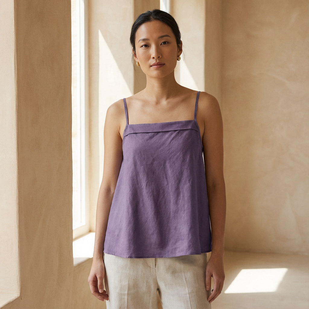 Lavender Cotton-Linen Spaghetti Strap Top with Elastic Gathered Back