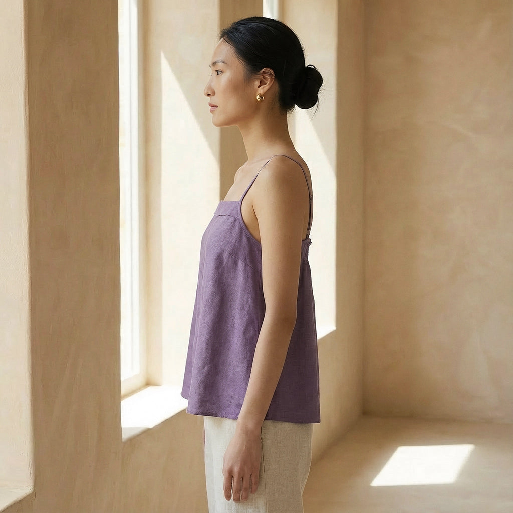 Lavender Cotton-Linen Spaghetti Strap Top with Elastic Gathered Back