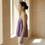 Lavender Cotton-Linen Spaghetti Strap Top with Elastic Gathered Back