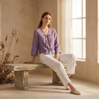 Lavender Cotton Linen Tie-Front Blouse