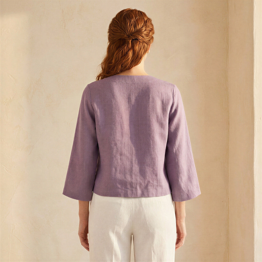 Lavender Cotton Linen Tie-Front Blouse
