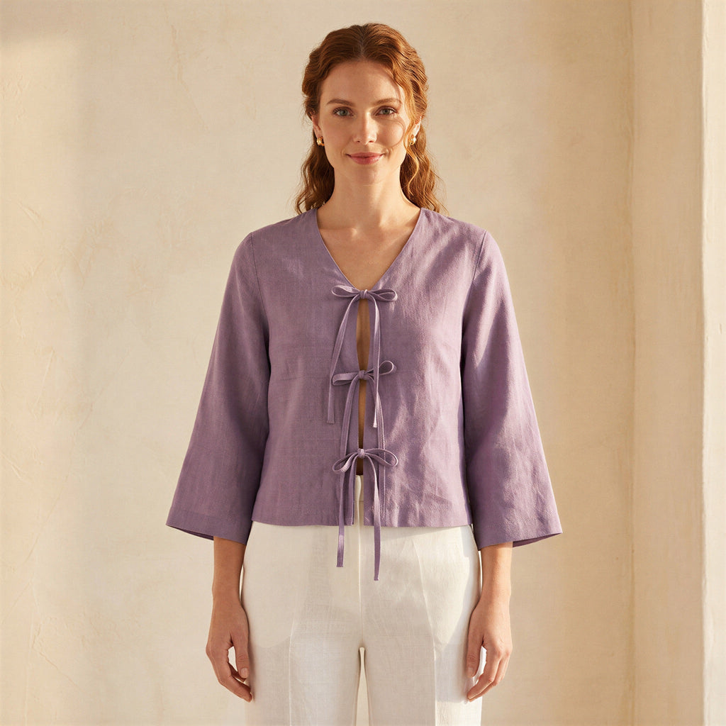 Lavender Cotton Linen Tie-Front Blouse
