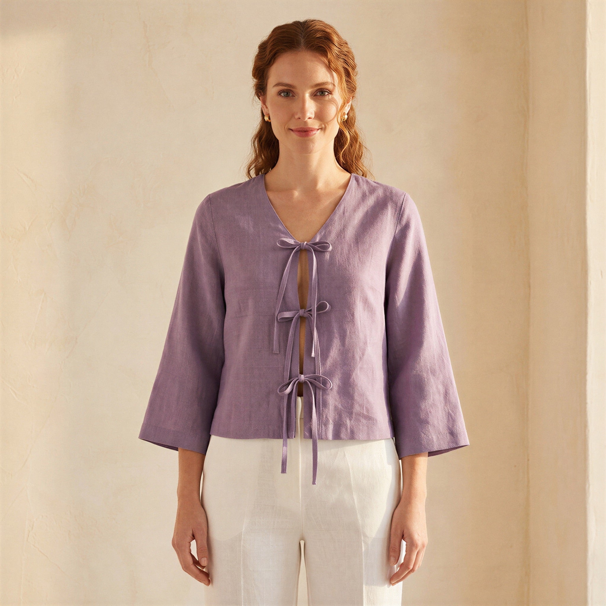 Lavender Cotton Linen Tie-Front Blouse