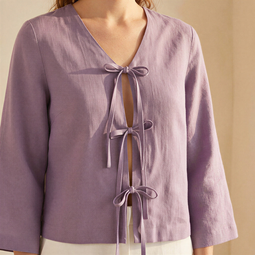 Lavender Cotton Linen Tie-Front Blouse
