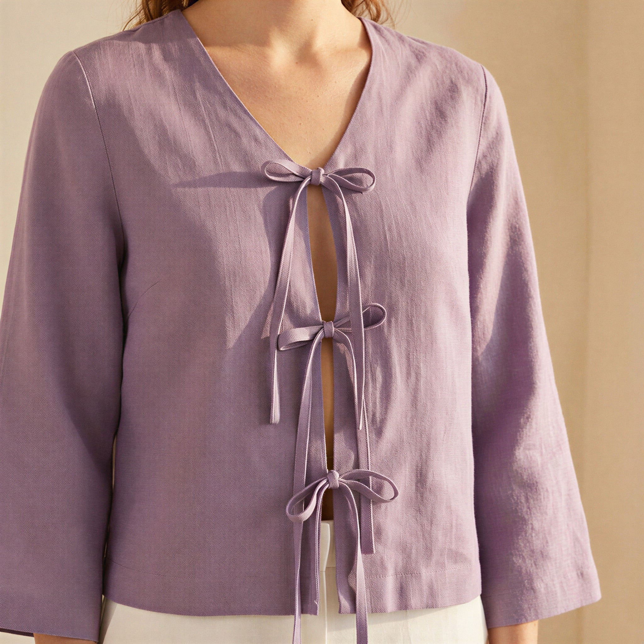 Lavender Cotton Linen Tie-Front Blouse
