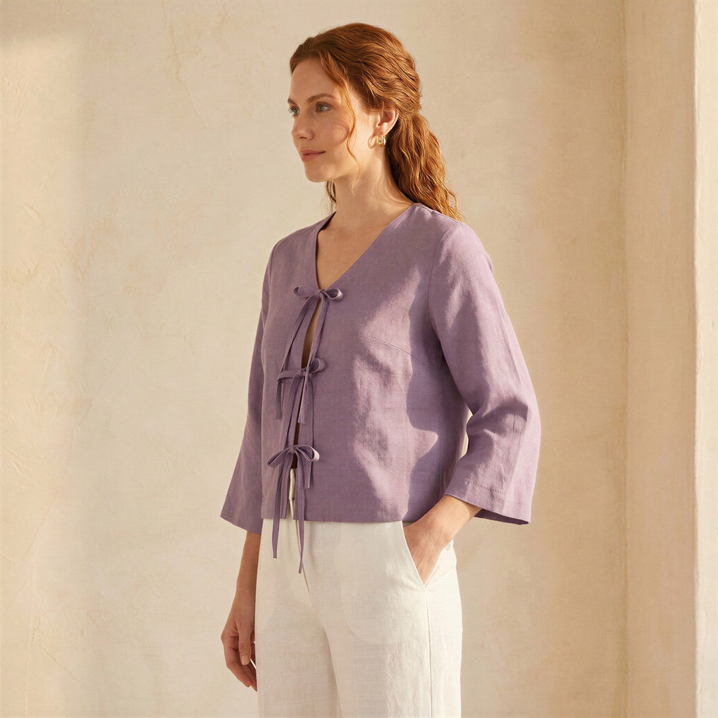 Lavender Cotton Linen Tie-Front Blouse