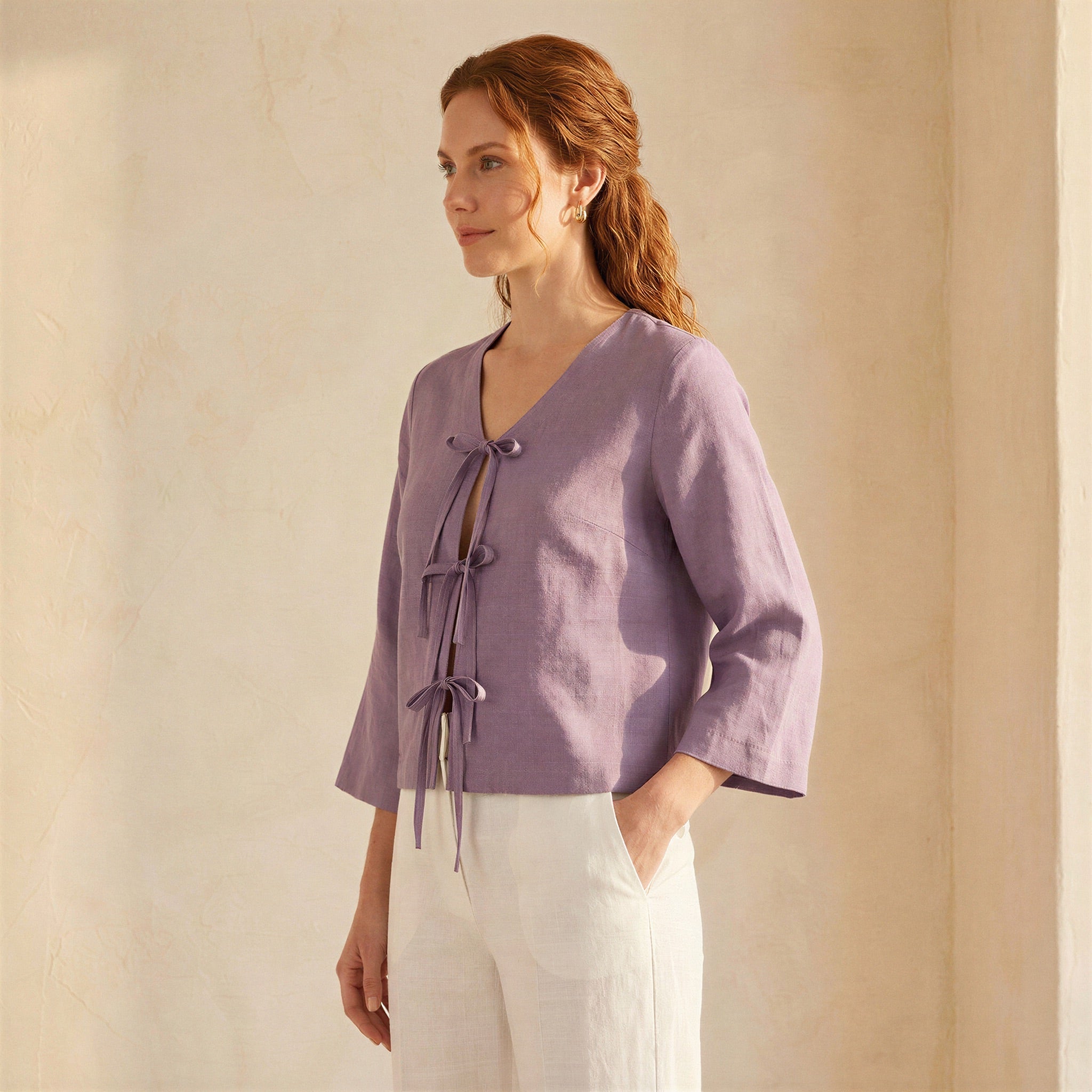 Lavender Cotton Linen Tie-Front Blouse