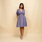 Lavender Cotton Linen V-Neck Knee Length Blouson Dress