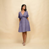 Lavender Cotton Linen V-Neck Knee Length Blouson Dress