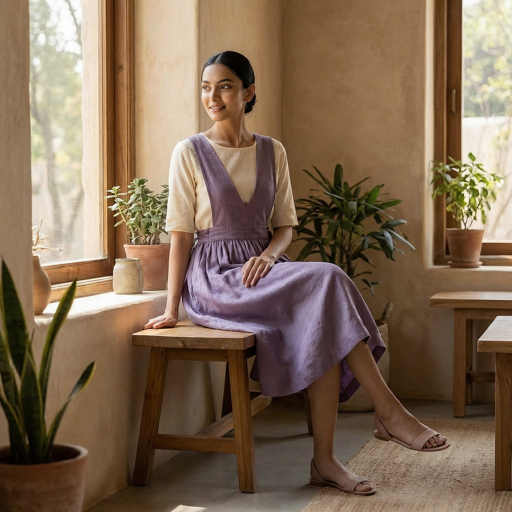 Lavender Cotton-Linen V-Neck Pinafore Midi Wrap Dress