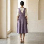 Lavender Cotton-Linen V-Neck Pinafore Midi Wrap Dress