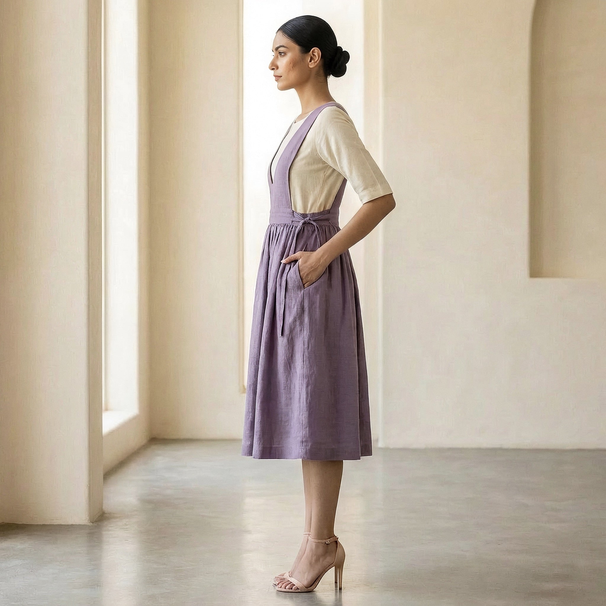 Lavender Cotton-Linen V-Neck Pinafore Midi Wrap Dress