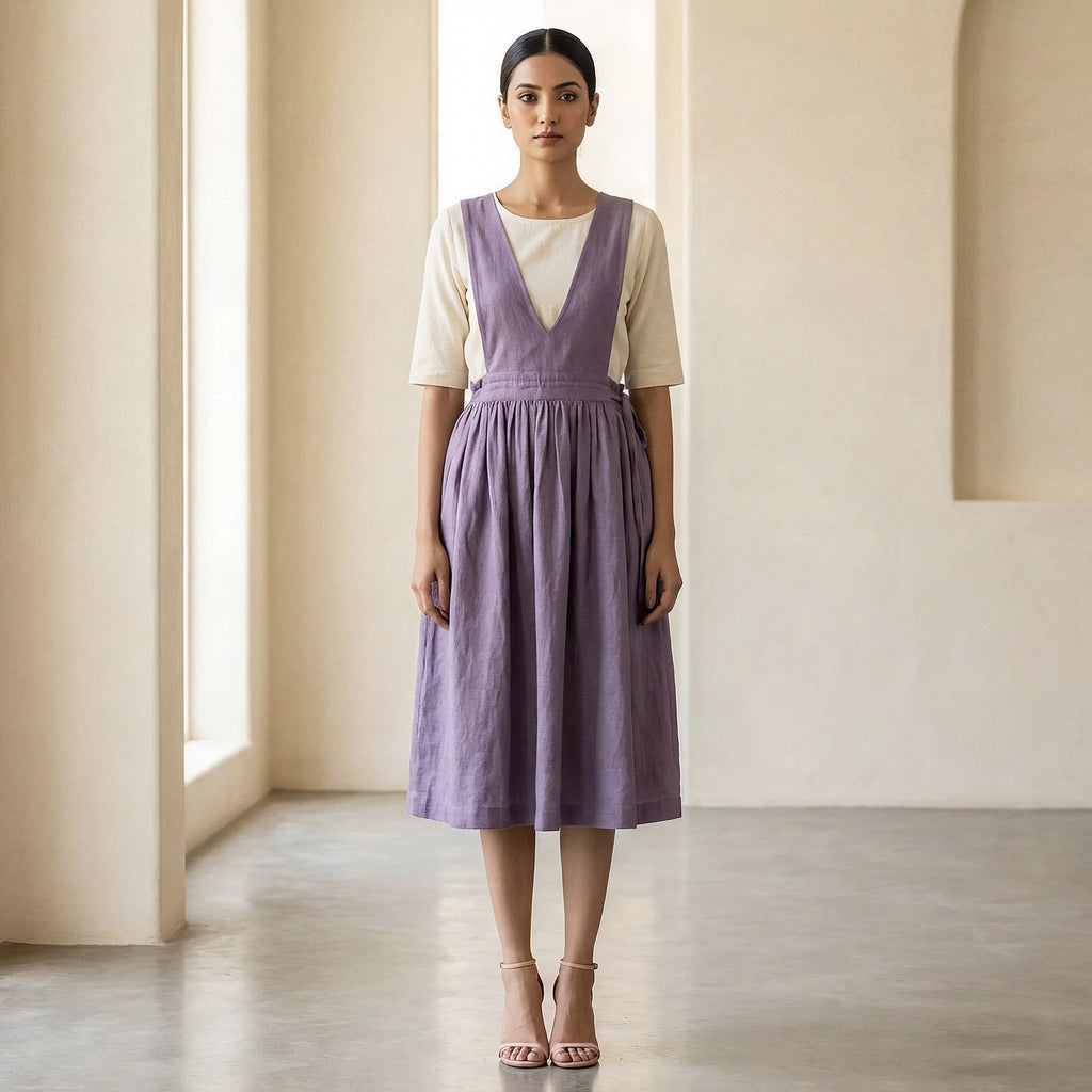 Lavender Cotton-Linen V-Neck Pinafore Midi Wrap Dress
