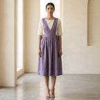 Lavender Cotton-Linen V-Neck Pinafore Midi Wrap Dress