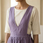 Lavender Cotton-Linen V-Neck Pinafore Midi Wrap Dress