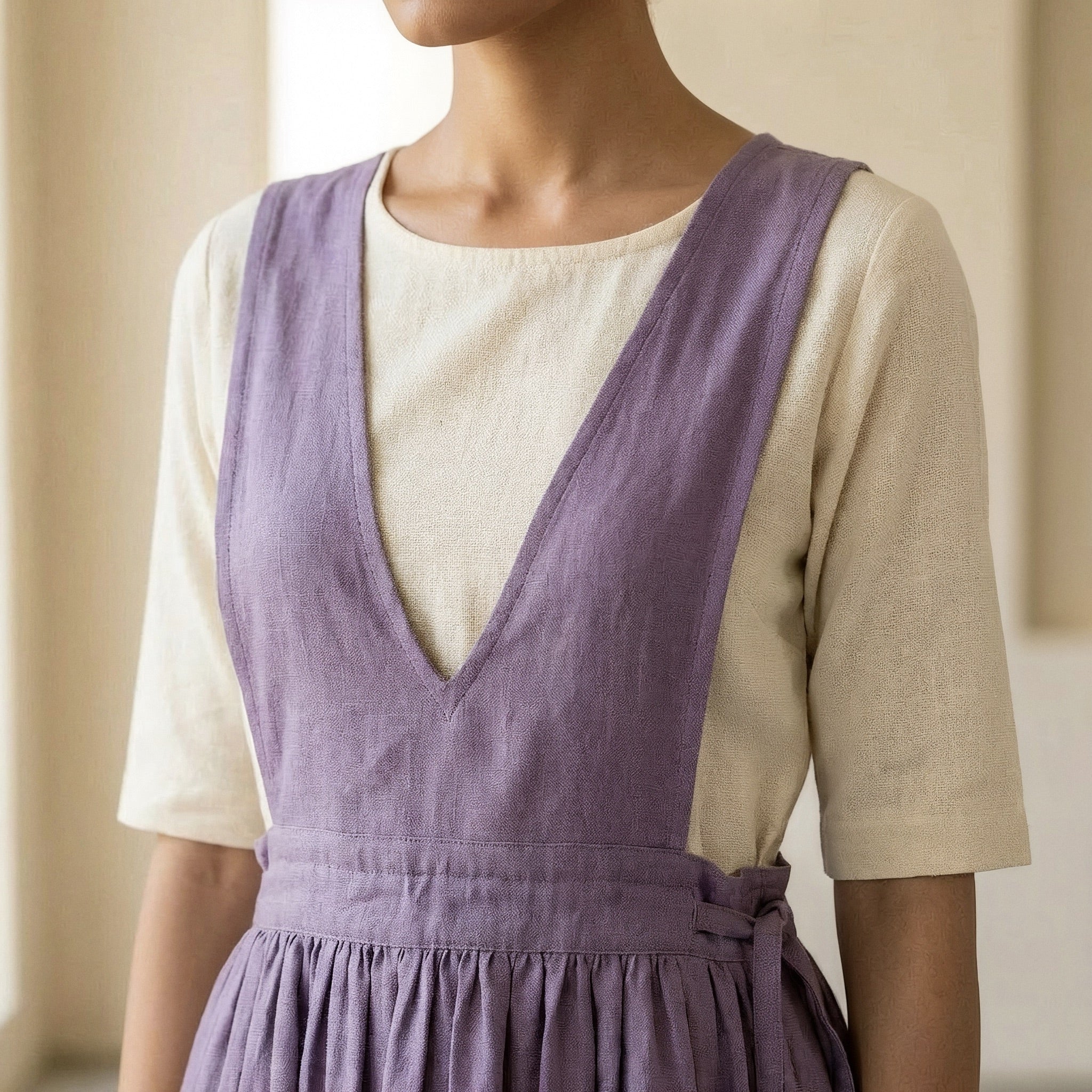 Lavender Cotton-Linen V-Neck Pinafore Midi Wrap Dress