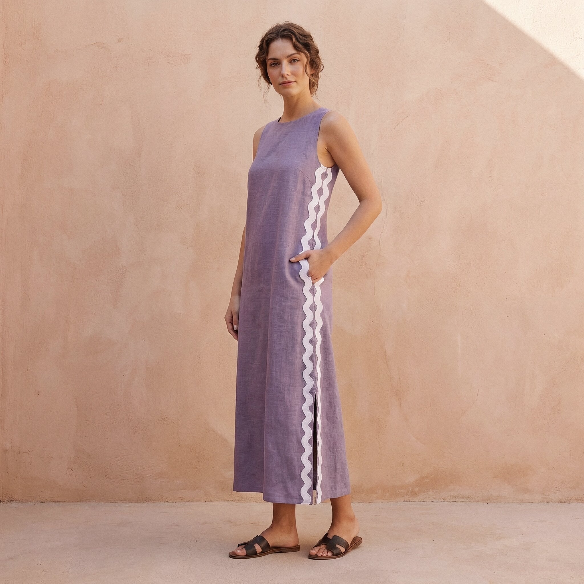 Lavender Cotton Linen Wavy Stripe Maxi Shift Dress