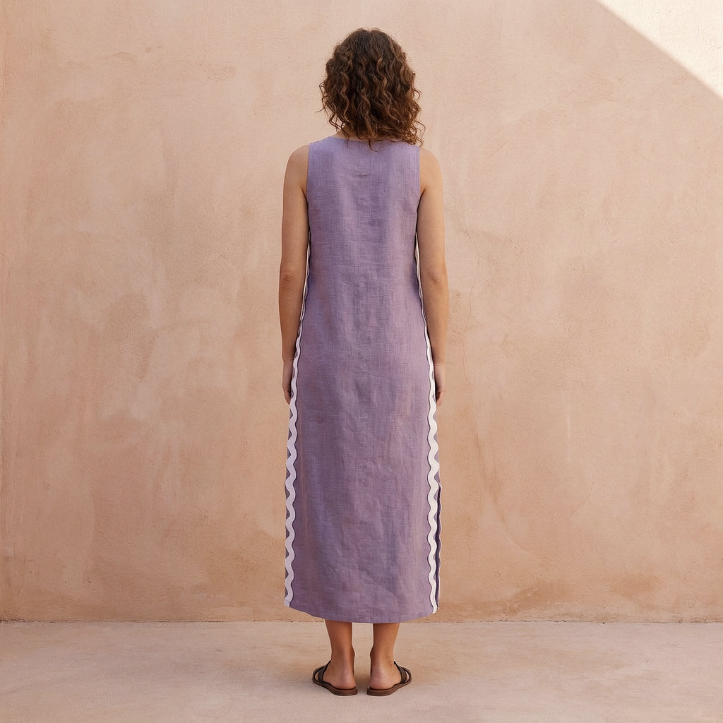Lavender Cotton Linen Wavy Stripe Maxi Shift Dress