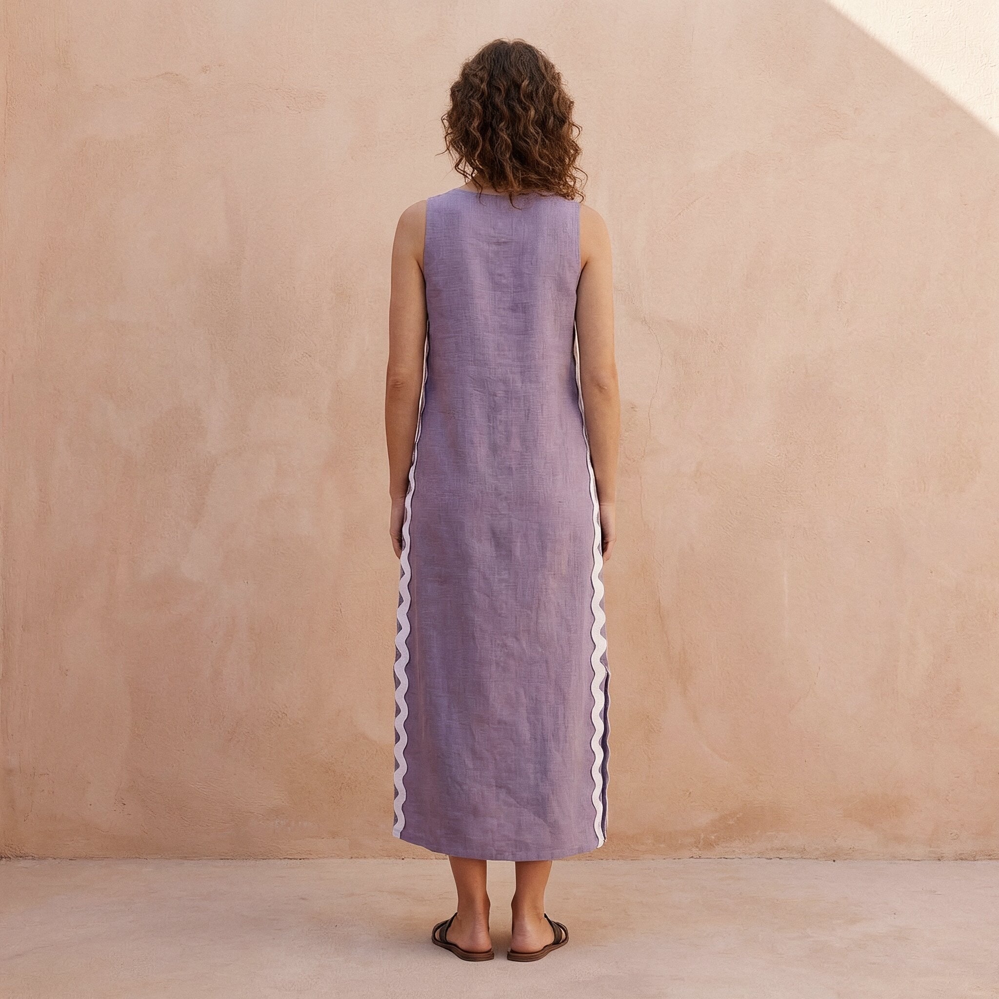 Lavender Cotton Linen Wavy Stripe Maxi Shift Dress