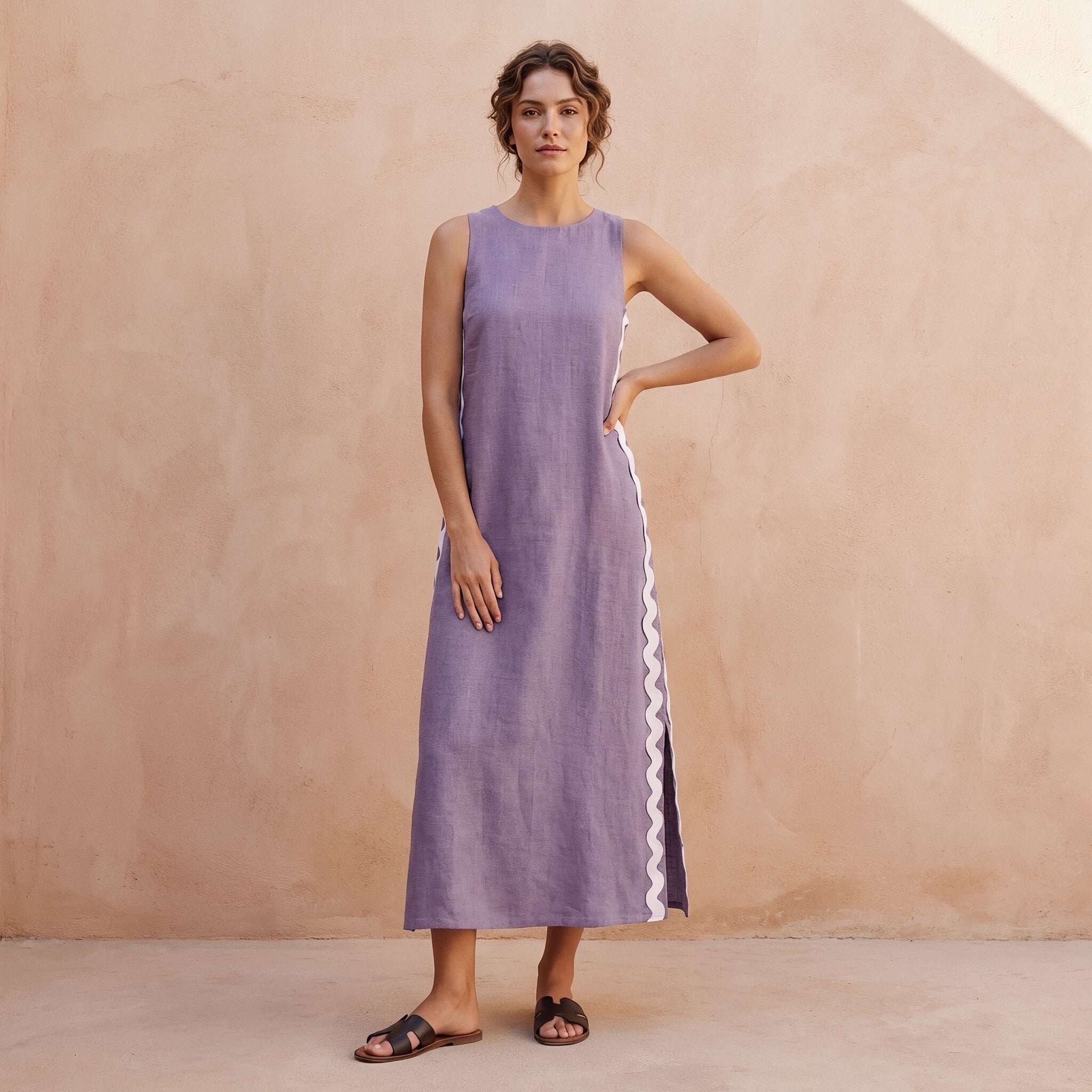 Lavender Cotton Linen Wavy Stripe Maxi Shift Dress