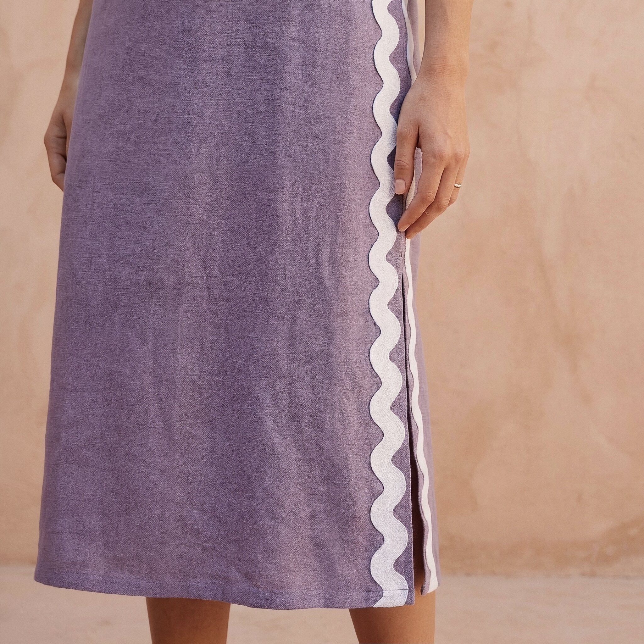 Lavender Cotton Linen Wavy Stripe Maxi Shift Dress