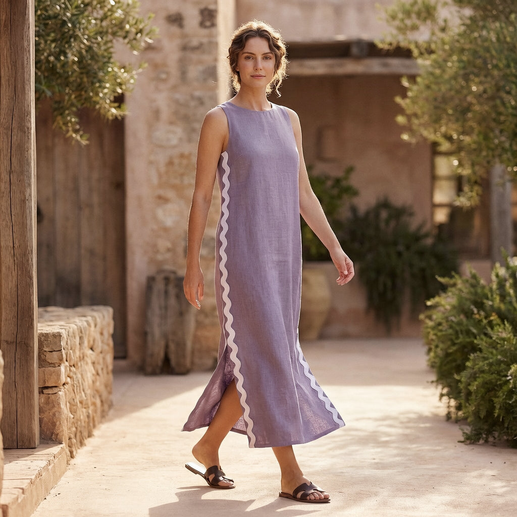 Lavender Cotton Linen Wavy Stripe Maxi Shift Dress