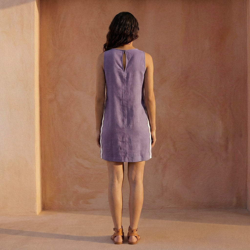 Lavender Cotton Linen Wavy Stripe Short Shift Dress