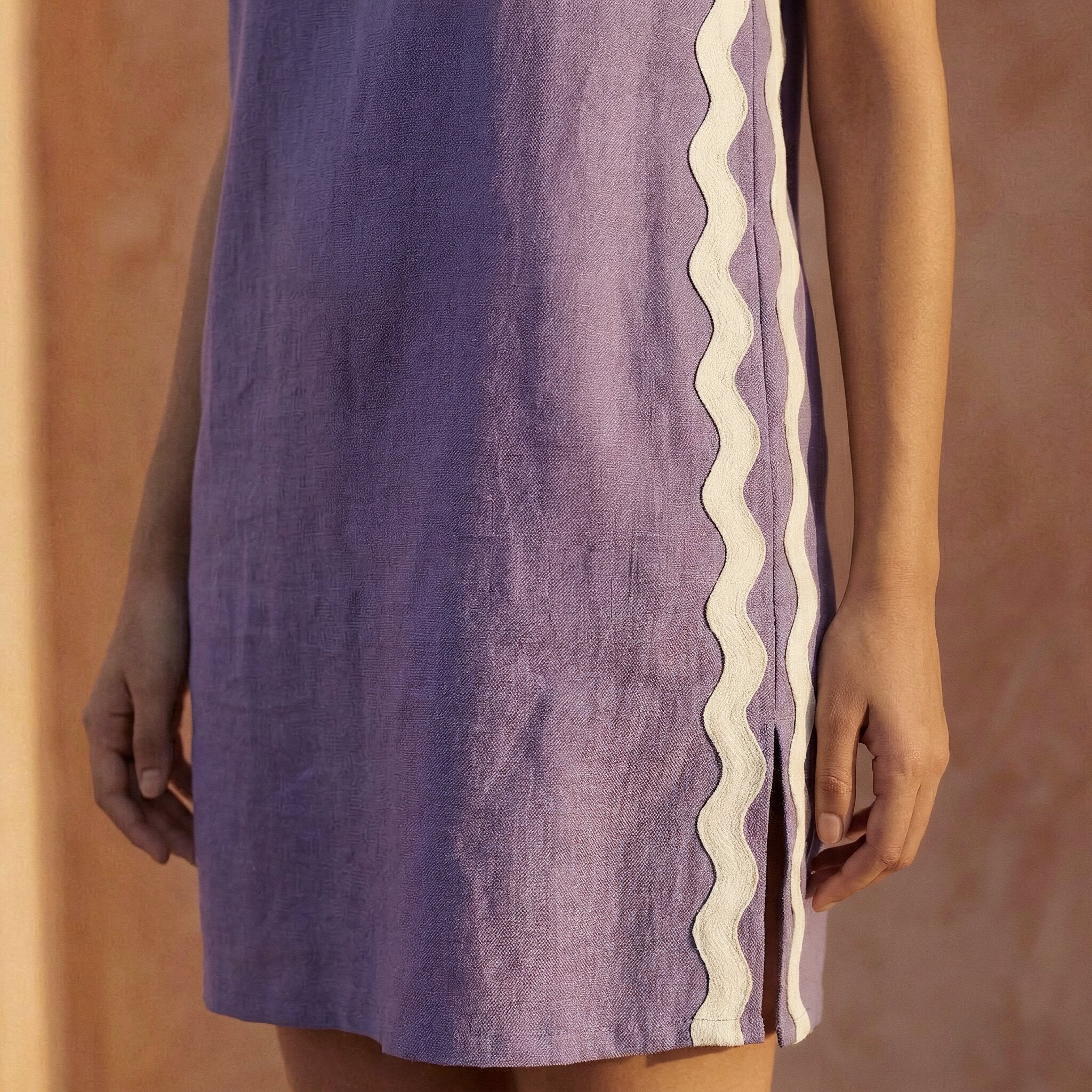 Lavender Cotton Linen Wavy Stripe Short Shift Dress