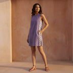 Lavender Cotton Linen Wavy Stripe Short Shift Dress