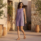 Lavender Cotton Linen Wavy Stripe Short Shift Dress