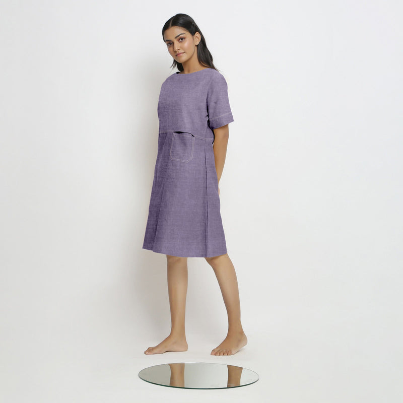 Lavender Cotton Linen Yoked Knee Length Shift Dress