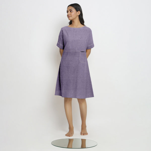Lavender Cotton Linen Yoked Knee Length Shift Dress