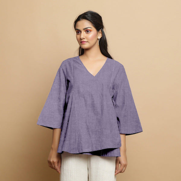 Lavender Embroidered Linen Asymmetrical Godet Top