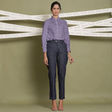 Front View of a Model wearing Lavender Linen Cuff Sleeves Button-Down Shirt