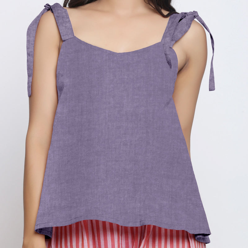 Front Detail of a Model wearing Lavender Linen Convertible Tie up Top