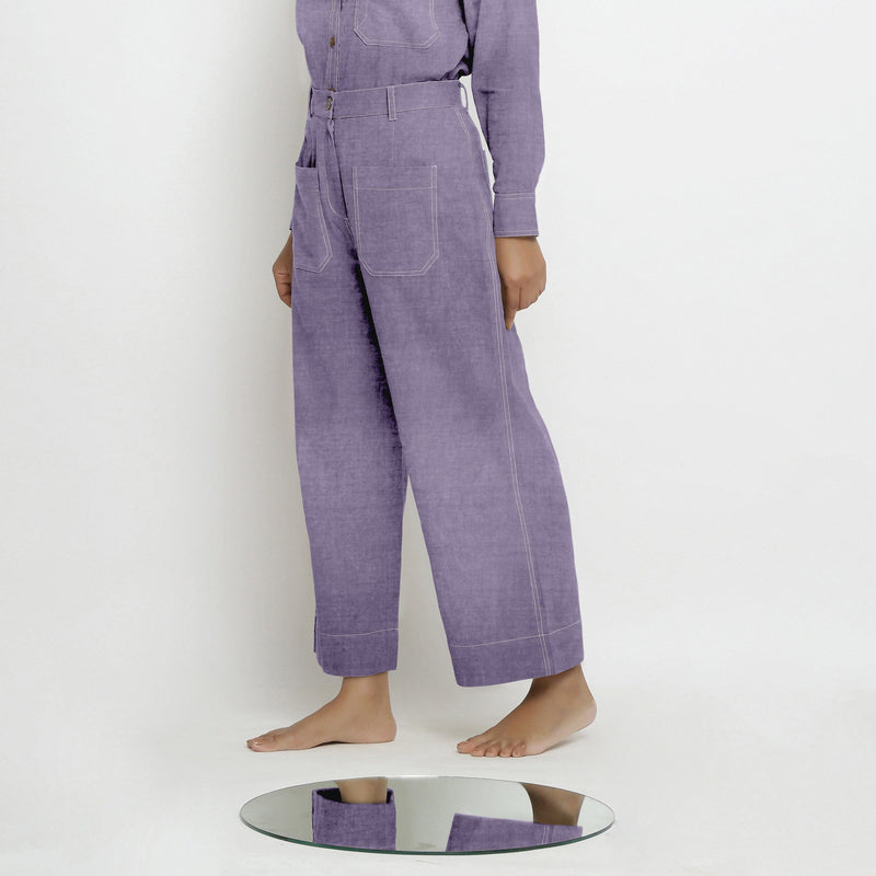 Left View of a Model wearing Lavender Linen Patch Pocket Wide Legged Pant