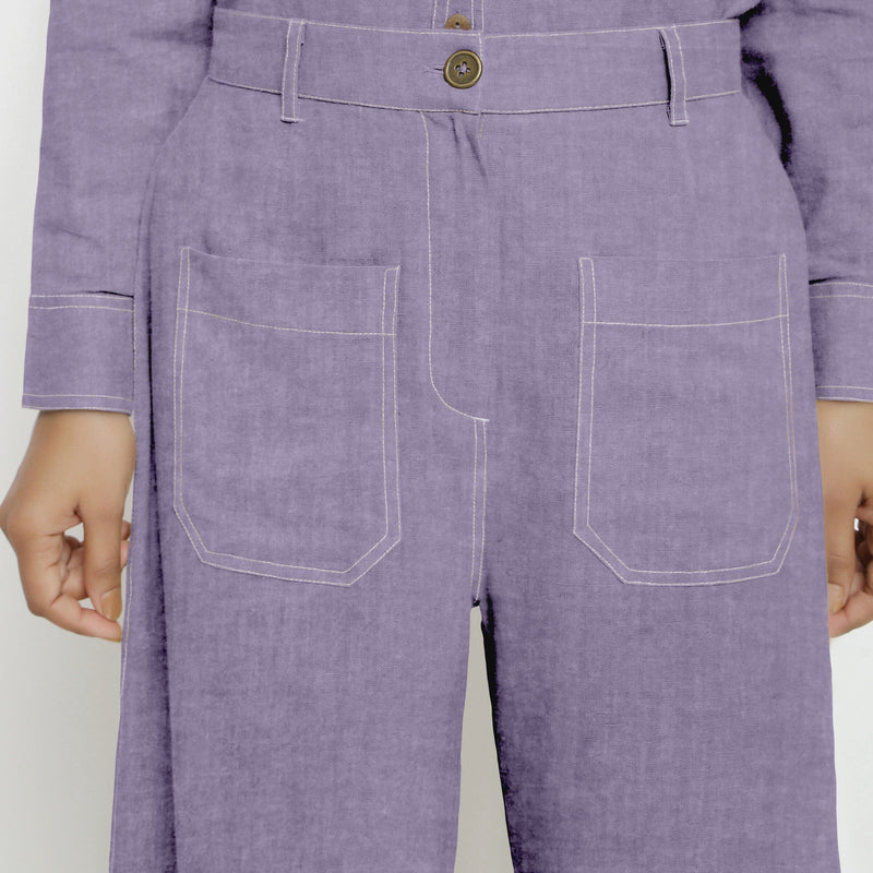 Front Detail of a Model wearing Lavender Linen Patch Pocket Wide Legged Pant