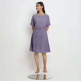 Front View of a Model wearing Lavender 100% Linen Knee Length Yoked Dress