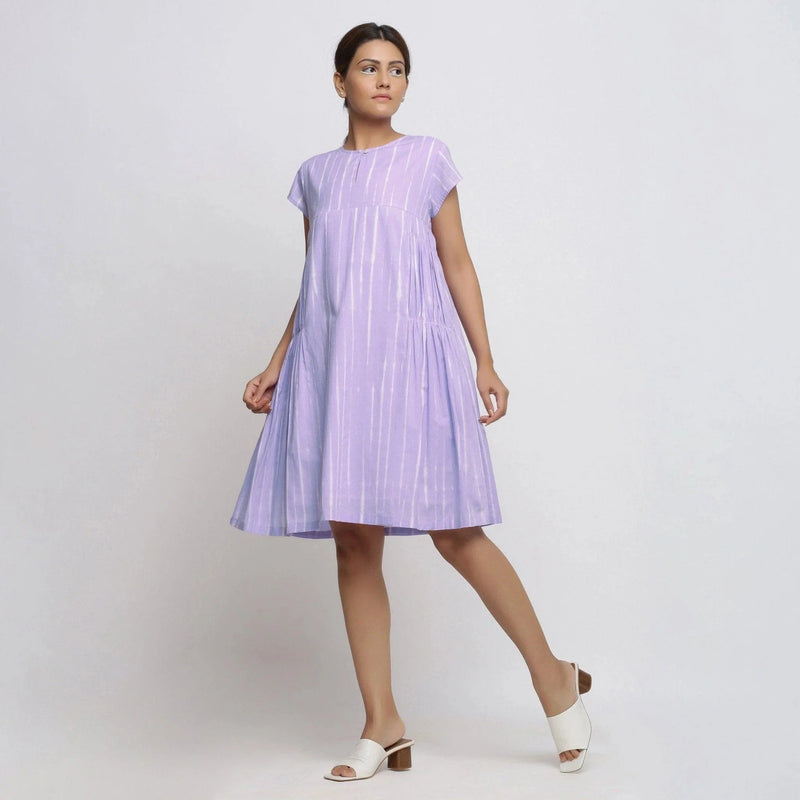 Front View of a Model wearing Lavender Tie and Dye Cotton Yoke Dress