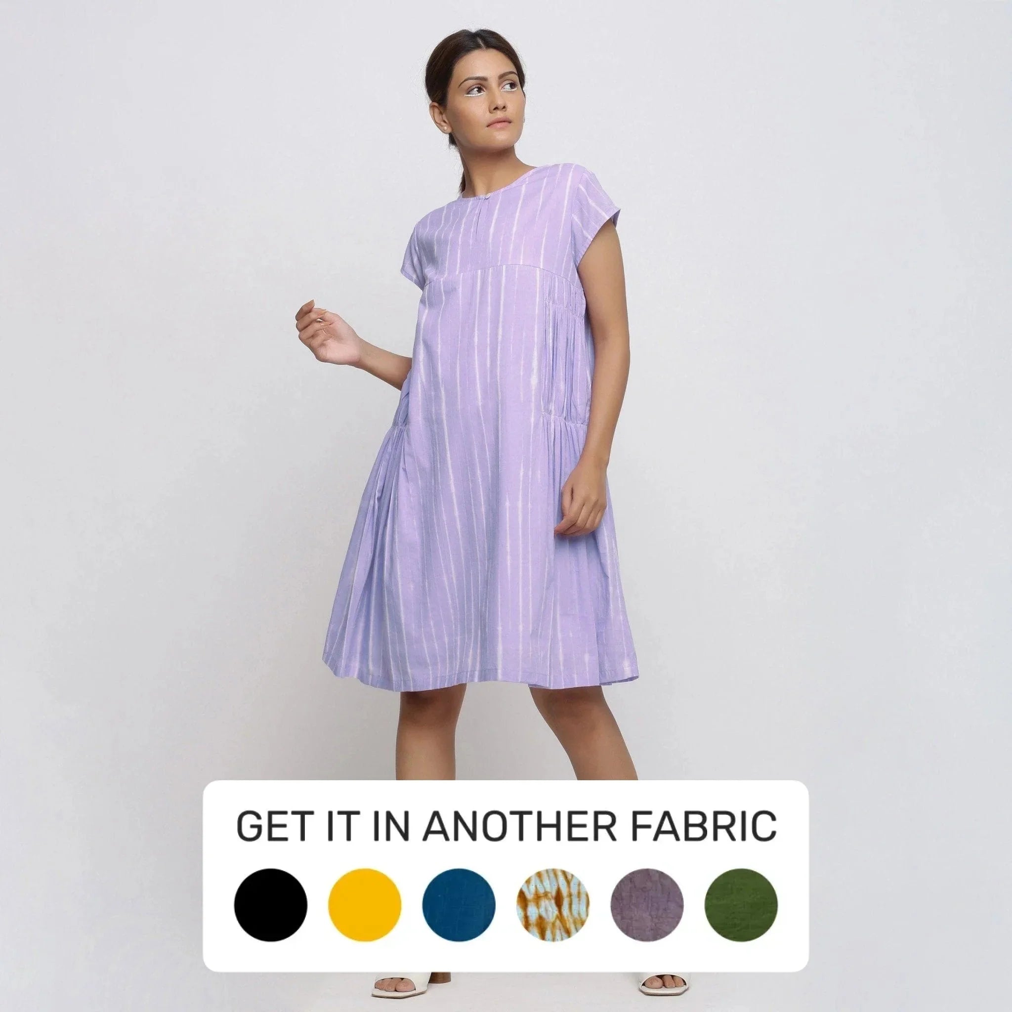 Front View of a Model wearing Lavender Tie and Dye Cotton Yoke Dress