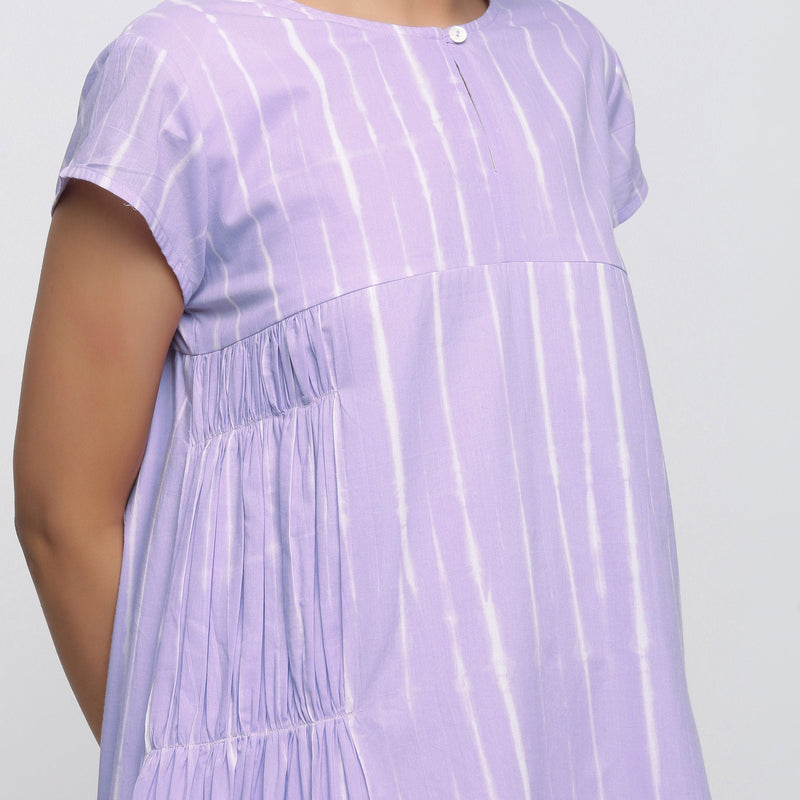 Front Detail of a Model wearing Lavender Tie and Dye Cotton Yoke Dress