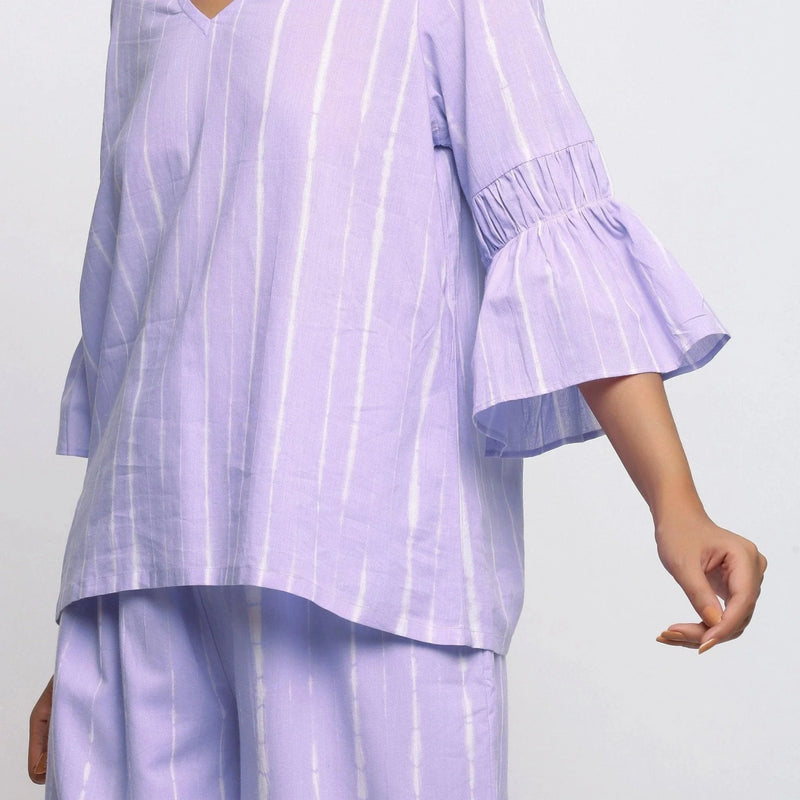 Front Detail of a Model wearing Lavender Tie-Dye Cotton Lantern Sleeves A-Line Top