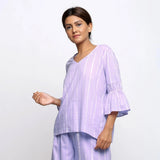 Left View of a Model wearing Lavender Tie-Dye Cotton Lantern Sleeves A-Line Top