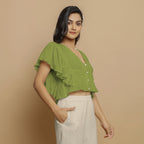 Leaf Green Crinkled Cotton Butterfly Sleeves Crop Top