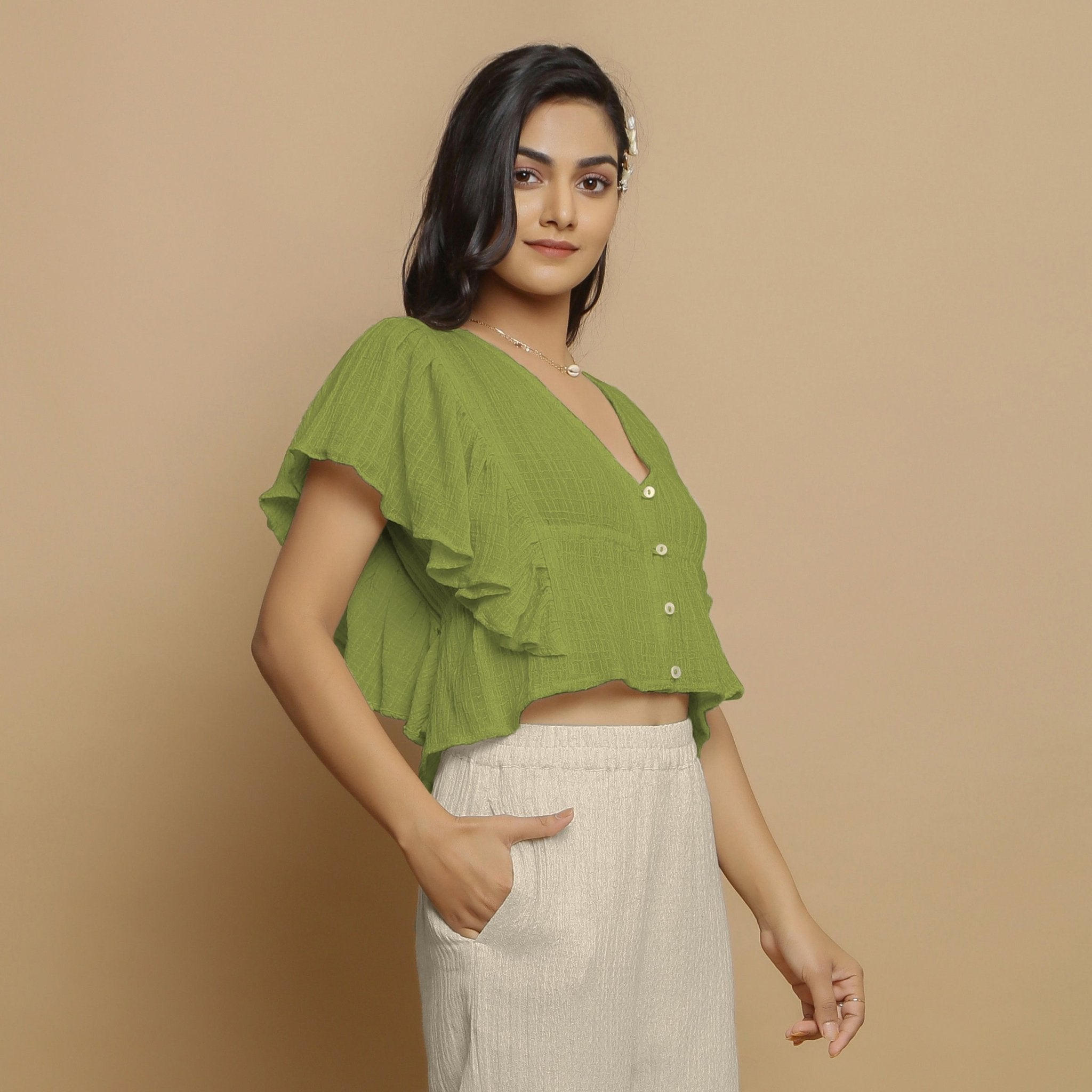 Leaf Green Crinkled Cotton Butterfly Sleeves Crop Top